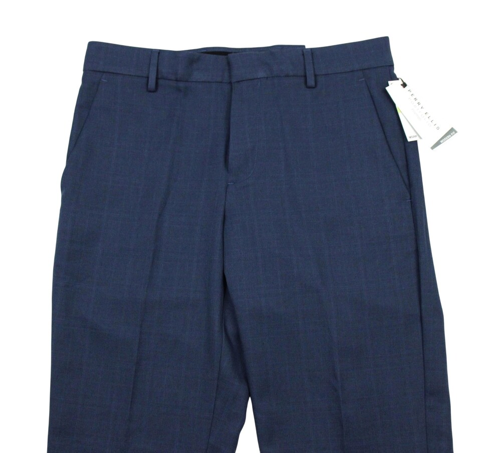 Perry Ellis Portfolio Essentials Pants Mens 33x30 Blue Plaid Modern Fit Stretch